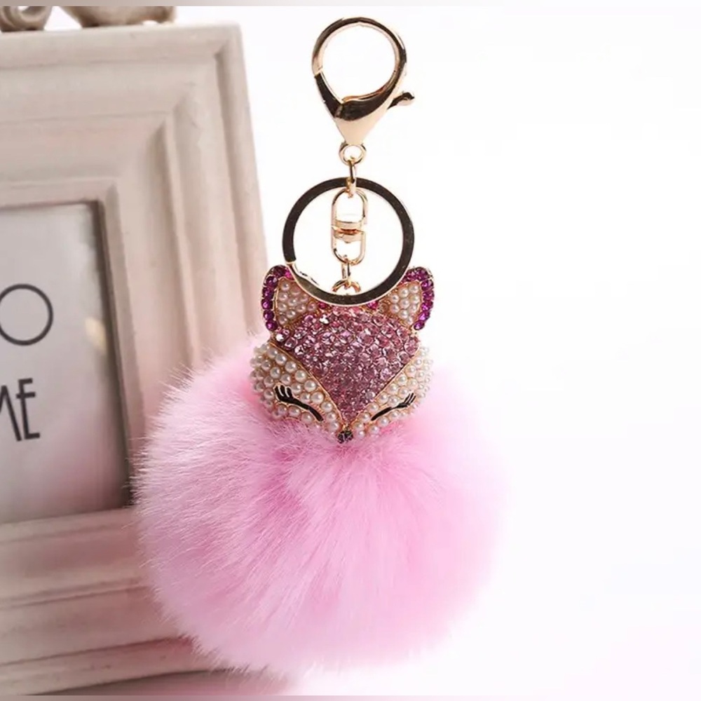 Crystal Faux Fur Fox Keychain in Pink